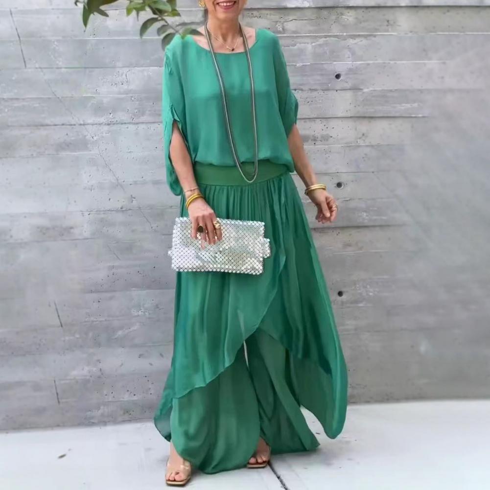 Women Chiffon Top Pants Set Spring Summer Casual Two Piece Crew Neck Top Wide Leg Pant Flowy Wedding Guest Outfit