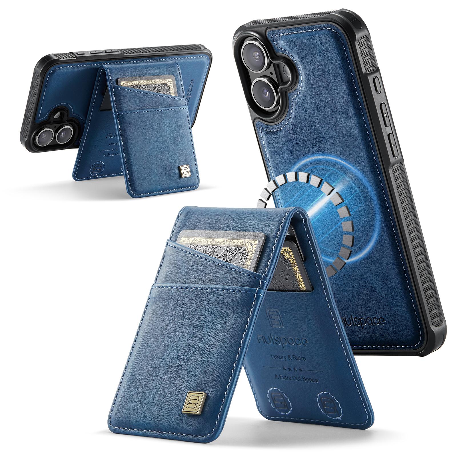 

For iPhone 16 Case AUTSPACE A12 Leather Phone Case with Detachable Card Bag Blue