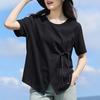 Plus Size WoMan's Summer Chic T-shirt Black and White Fabric Breathable Chinese Style Asymmetrical Design