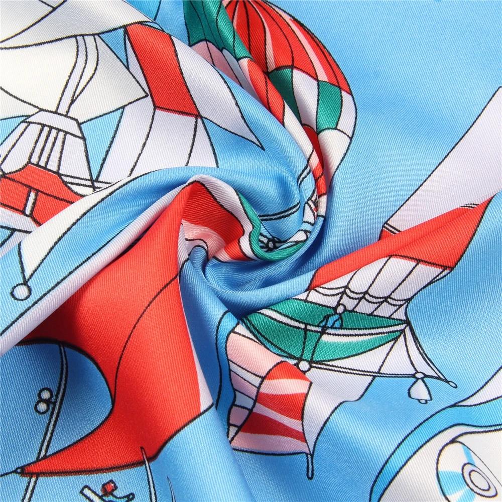 Manual Hand Rolled Twill Silk Scarf Women Fly Boat Print Square Scarves Wraps Echarpes Curled Foulards Femme Bandana Hijab 90CM