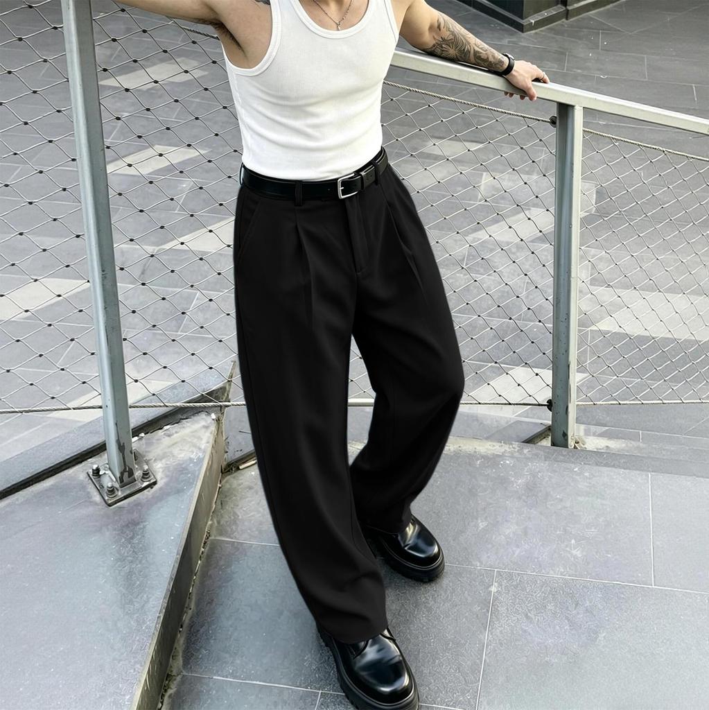 Men's Wide Leg Loose Fit Draped Straight Leg Slight Flared Dress Pants Tailored Formal Trousers with Pleats and Pockets for Office Casual Wear