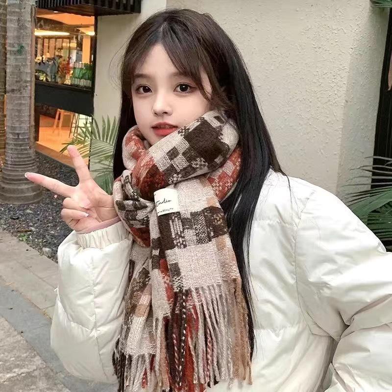 Korean Style Plaid Mohair Scarf - Women's Winter Imitation Cashmere Shawl