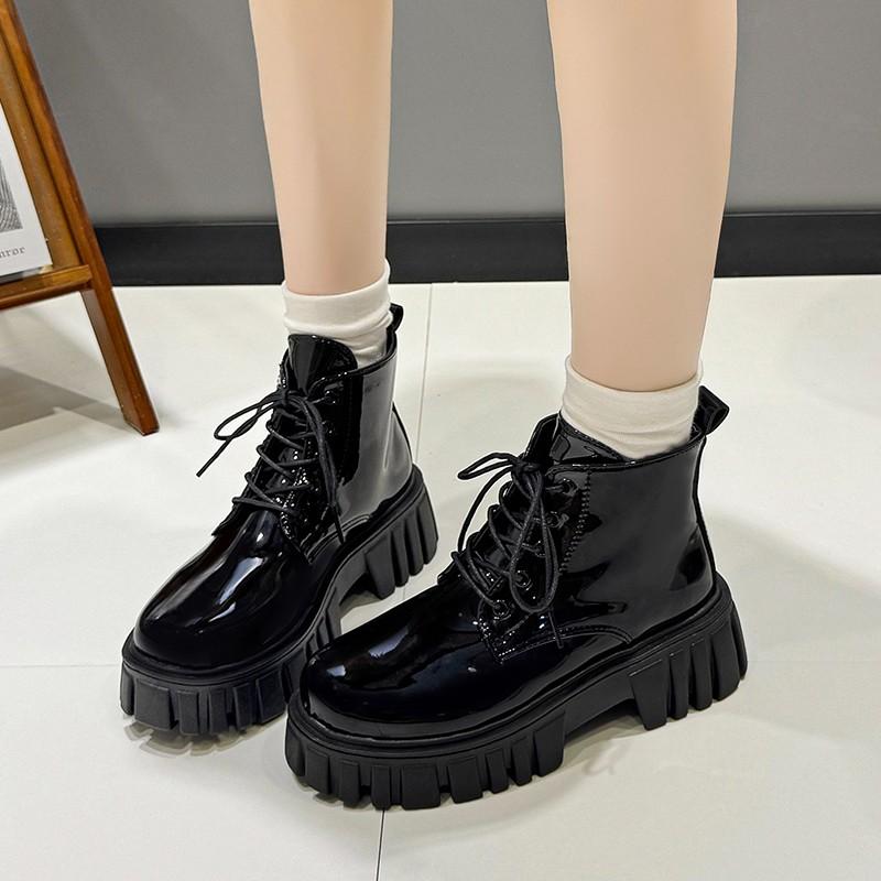 Anti-slip Platform Booties Winter New Round Toe Lace-up Patent Leather Waterproof Block Heel Shoes for Women