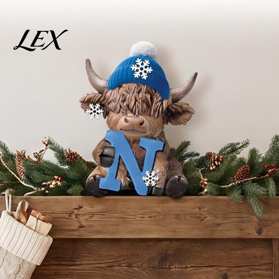 Elegant Seasonal Ornament 4Pcs Christmas Highland Cow Figurine, Winter Blue Yak Statues with Snowflakes Xmas Unique Room Accent Hats, Farmhouse