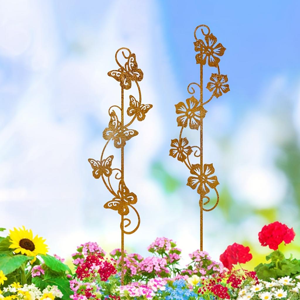 2Pc Iron Flower and Butterfly Decoration Ground Insert, Outdoor Decoration, Modern Country Style with Flower and Butterfly Pattern, Courtyard, Fenc