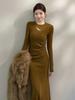 French temperament long-sleeved dress women's autumn new waist thin hollow long bottom t-shirt skirt