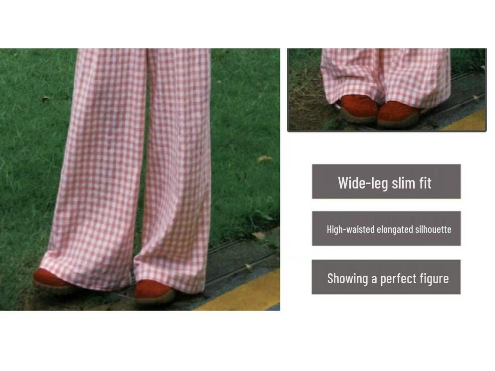 Petite Women's Blue Plaid High Waist Elastic Summer Pants - Yamamoto Drape Casual Straight Wide Leg 