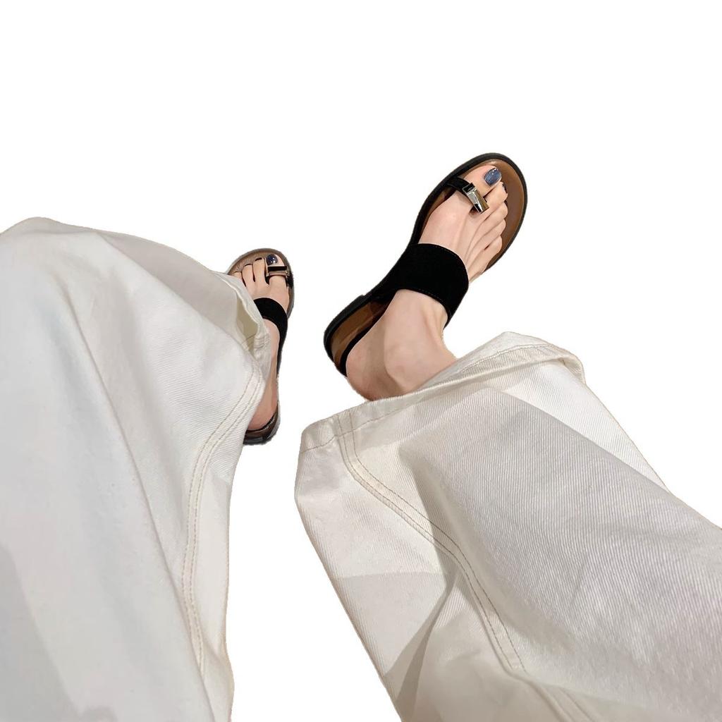 Height Increase of 4cm~ One Word with Outer Wear Cover Toe Herringbone Flat Bottom Toe Cool Slippers Women's Summer French Holiday Style Beach Shoes