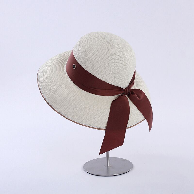 Retro French Hepburn Straw Hat Bow Female Summer Seaside Big Brim Sun Protection Shade Travel Vacation Leisure Wild Brim Beach H