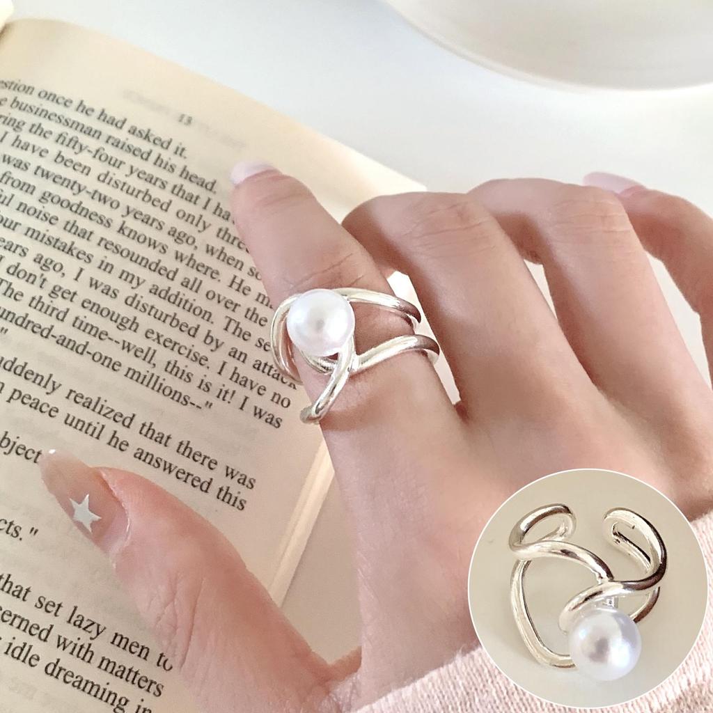 S925 Silver-Plated Imitation Pearl Flower Ring – Elegant Retro Palace Style