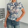 Women S Elegant Mesh Printed Ruffled Short Sleeve T Shirt
