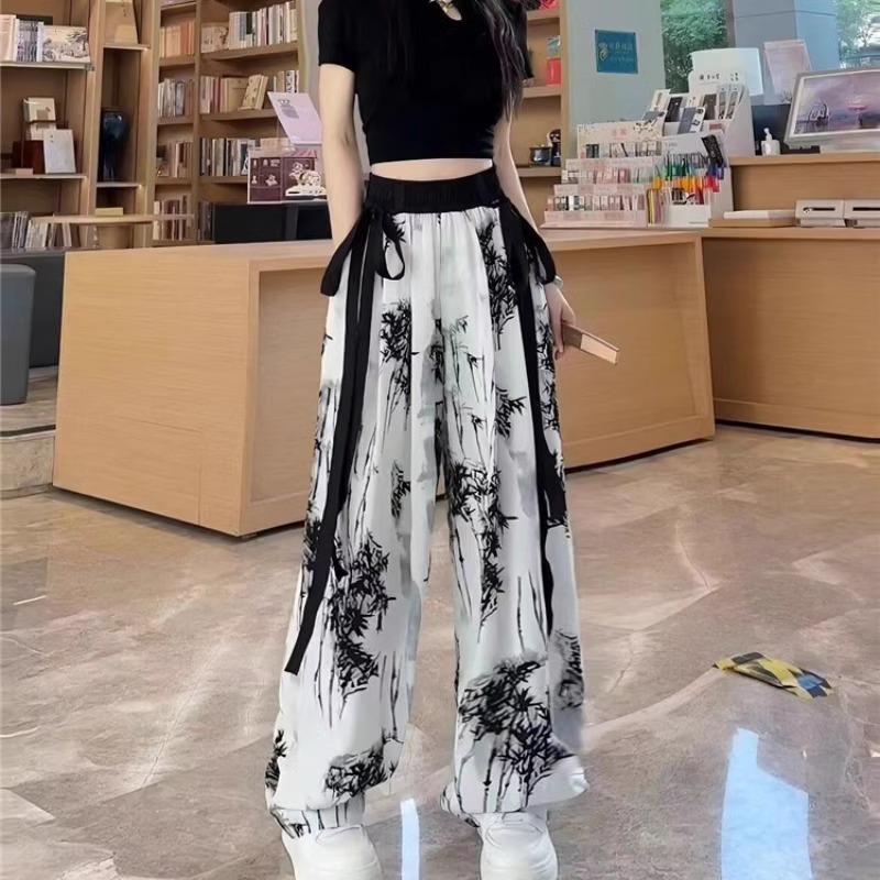 New Chinese Style Ink Painting Ice Silk Wide-leg Pants for Women In Summer Thin High Waist Draping Narrow Version Casual Straight Pants