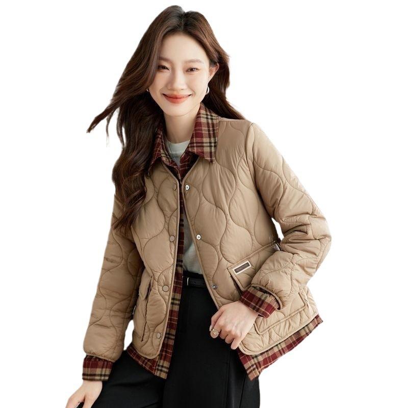 Autumn and winter new fake two-piece plaid light down cotton-padded jacket fashion short medium mother splicing cotton-padded jacket