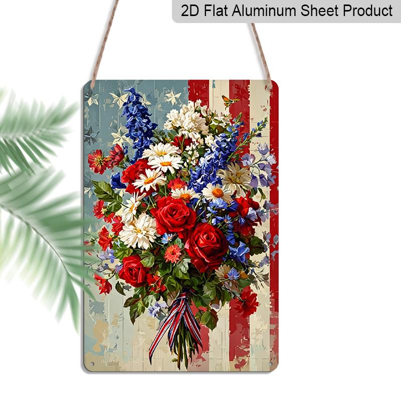 2D Flat - 1pc Decorative Aluminum Sign | 8*12 Inch Patriotic Floral Welcome Metal Sign, Vintage Distressed American Flag Design, Durable Aluminum