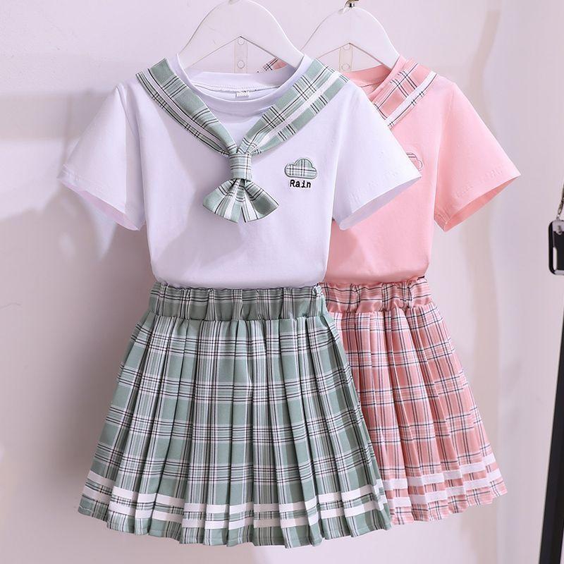 Moda de Verano para Niñas Conjunto de Uniforme JK Estilo Universitario Falda Plisada a Cuadros 2 Piezas Ropa Casual Escolar para Adolescentes