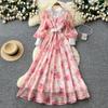 French romantic style V-neck lantern sleeve printed dress women's lapel slim-fitting waist and thin A-shaped long dress