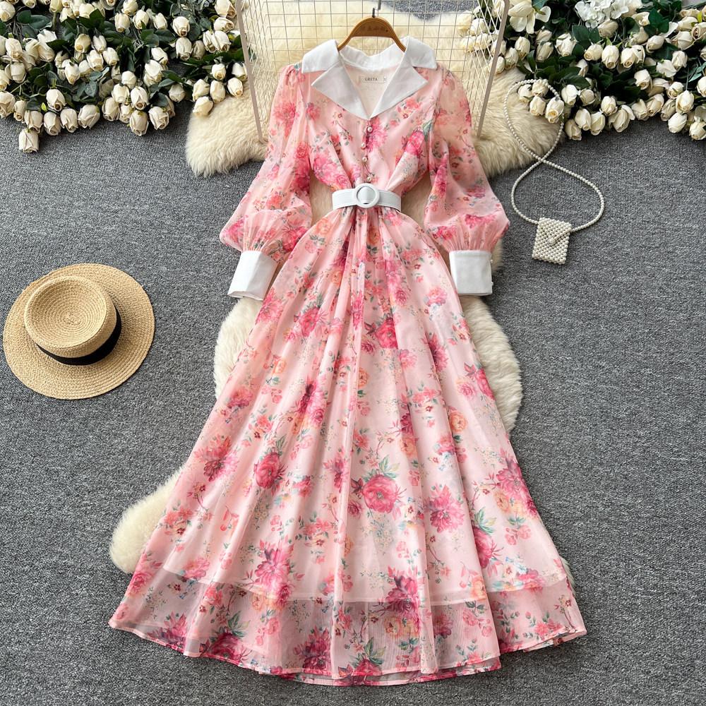 French romantic style V-neck lantern sleeve printed dress women's lapel slim-fitting waist and thin A-shaped long dress