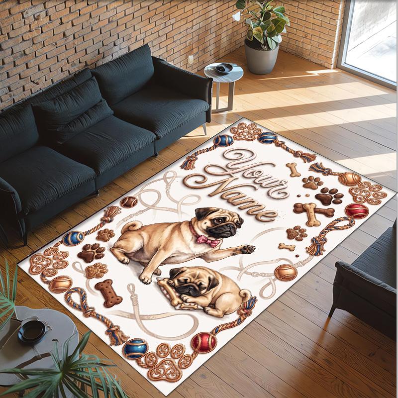 Pug Theme Crystal Velvet Floor Rug Personalized Custom Name Text Warm Carpet Home Decoration