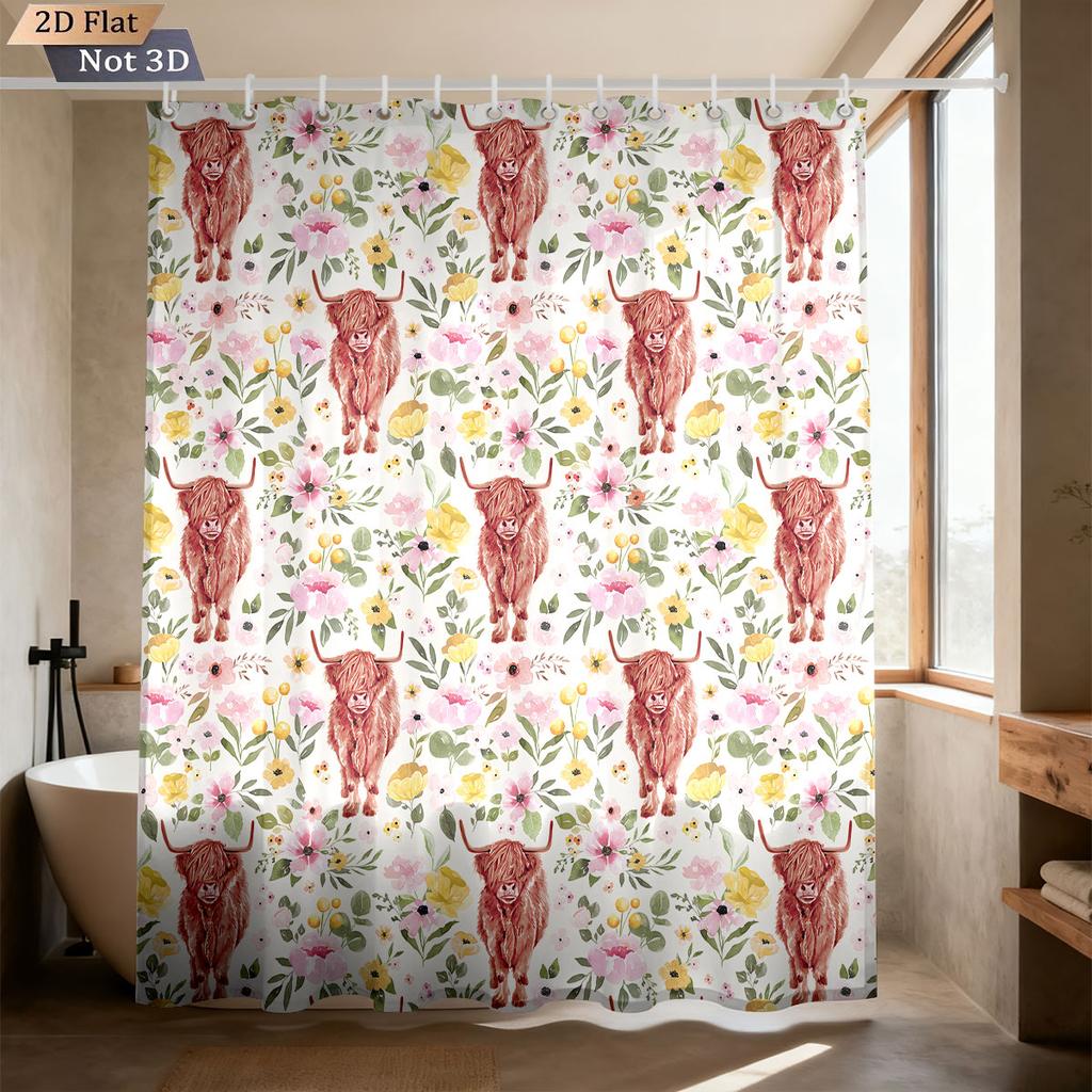 1Pc Flower Highland Cow Print Waterproof Shower Curtain Partition Privacy Hanging Curtain, With 12 Hooks, Multiple Sizes