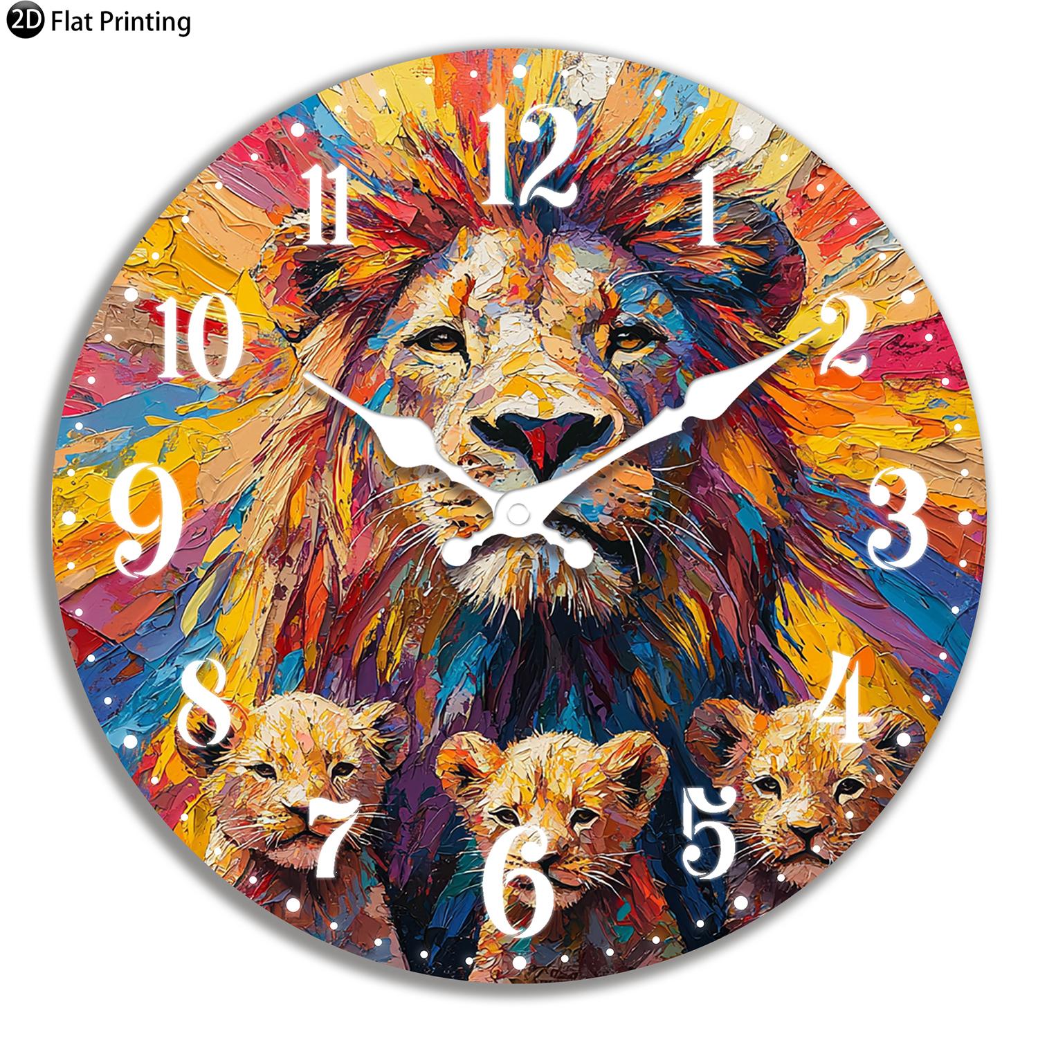 

Wooden Silent Wall Clock Lion family painting Quartz Analog Clock for Farmhouse Office Living Halloween New Year Gift (WHITE,10 inch) белый
