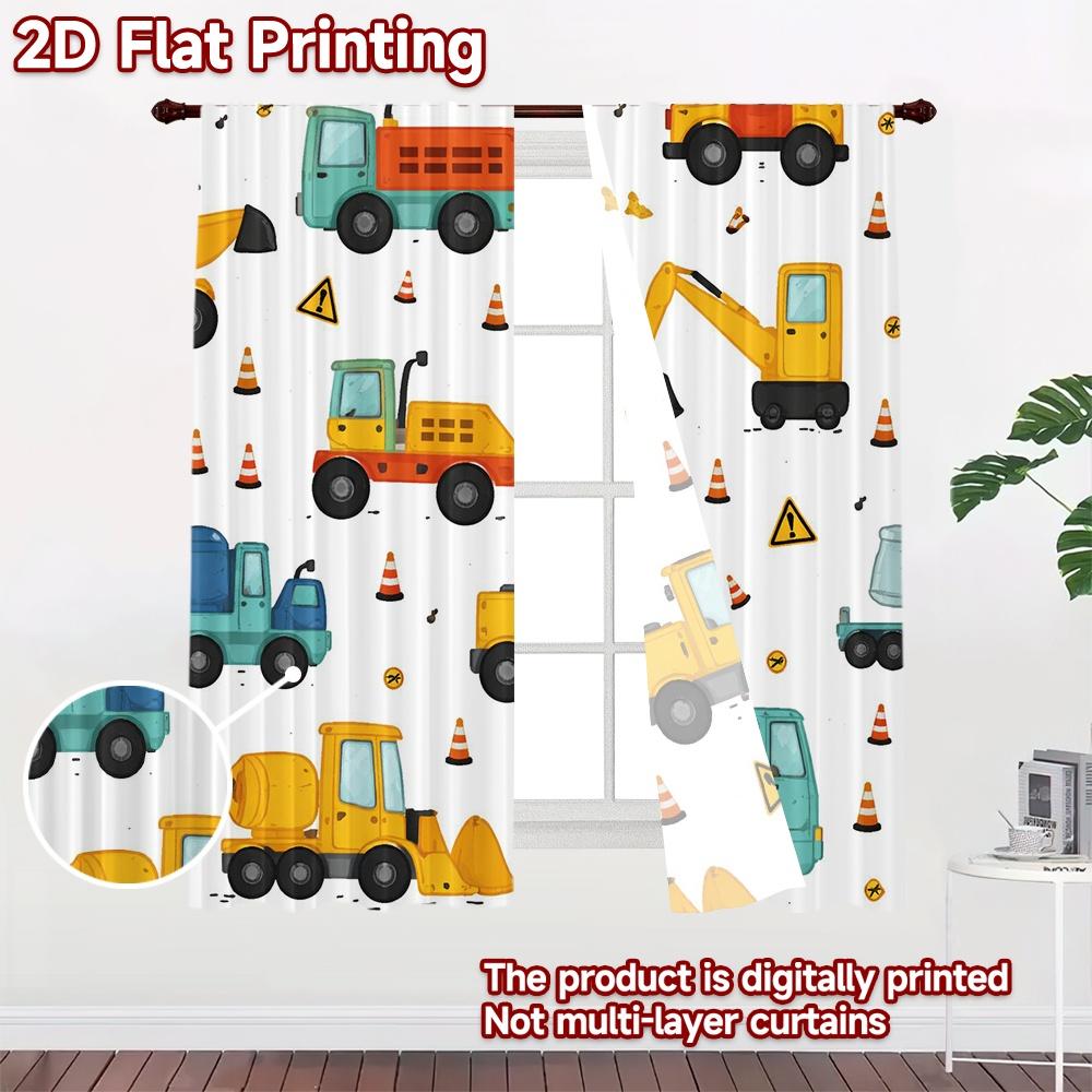 2D FLAT PRINTING 2pcs Curtains (Without Rod) Construction Vehicles Playful Modern Curtains Roller Blinds Versatile 100%