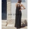 Summer New Product Women's Clothes Seaside Vacation Style Ruched Decoration Hanging Collar Midi Skirt Long Dress 6929187