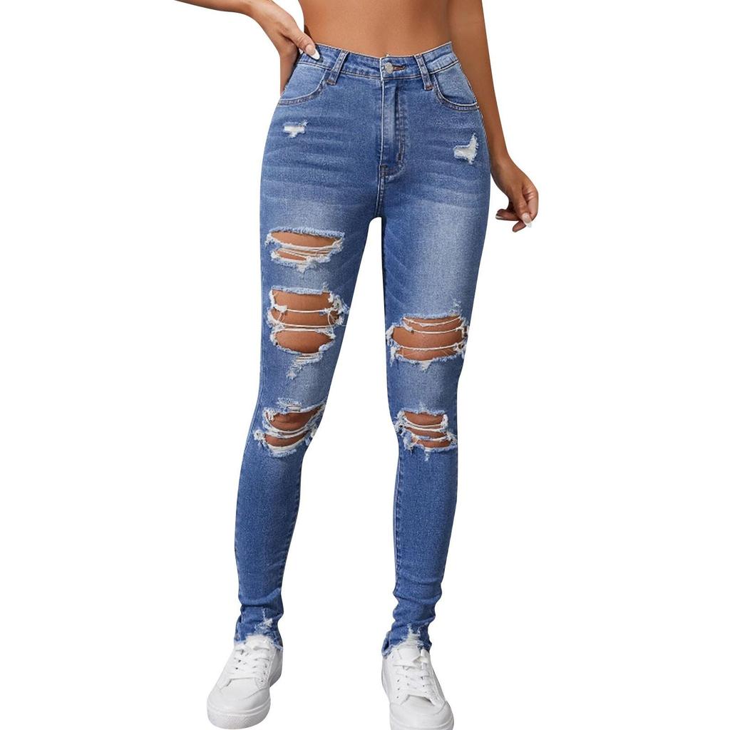 Dziewczęce modne podarte obcisłe spodnie casualowe w stylu skinny foot jeans