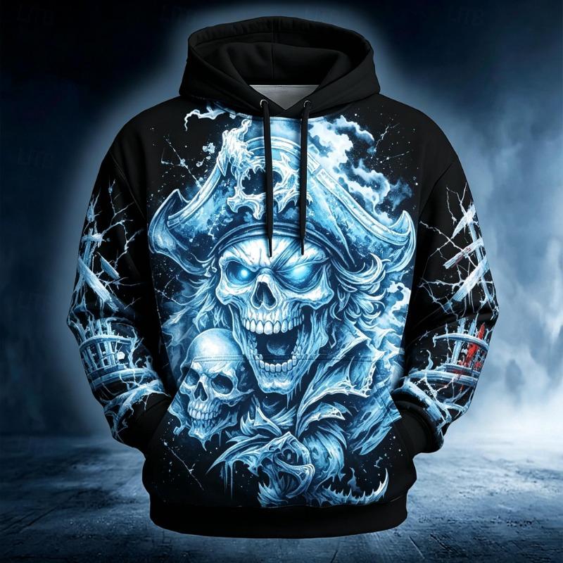 Men's Fire Pirate Skeleton Skull Chain Flame Print Hoodie Drawstring Pocket Horror Adventure Street Fashion Pullover Tops