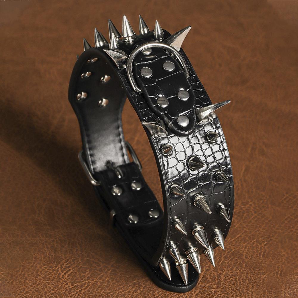 Width 2 Inch Anti-bite Spiked Dog Collars Adjustable PU Leather Necklace Heavy Duty Sharp Rivets Pet Collar Outdoor Dog Walking