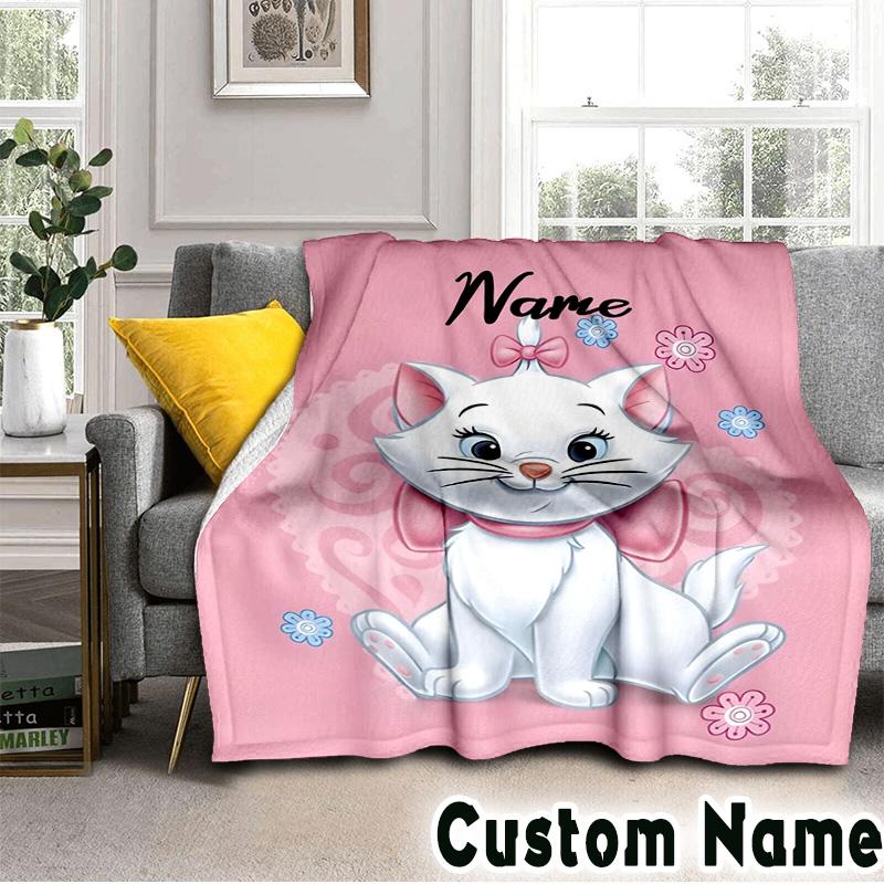 Custom Name Elegant white cat Blanket Bedding Blanket Picnic Blanket for Women Men, Throw Blankets for Couch Bed, Christmas and Halloween gifts