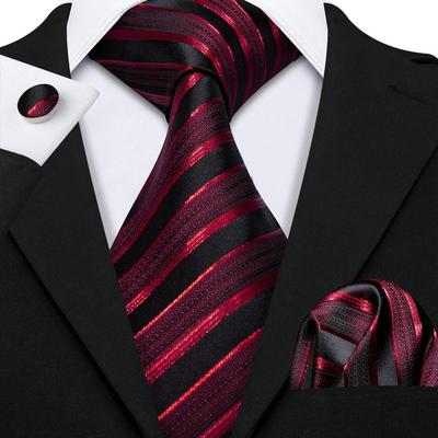 Gravatas para homens Gravata Lenço Abotoaduras Conjunto Borgonha Listrado Jacquard Casamento