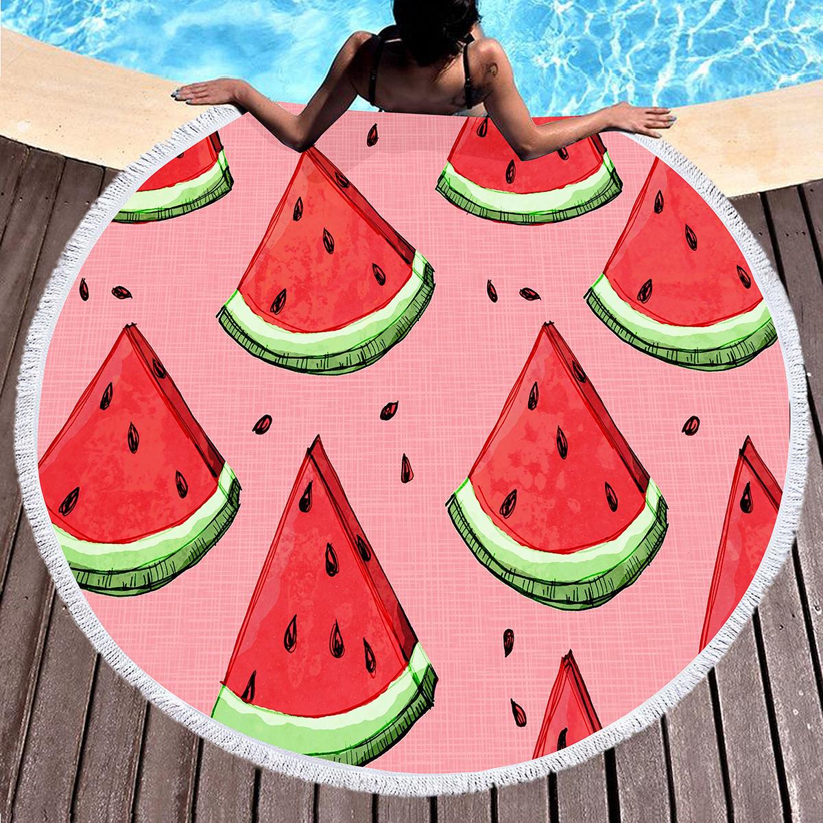 Textilien Women's Watermelon Round Beach Towel With Tassels, Microfiber Sand Proof Circle Swim Towels Gifts Tropical Meditation Rug Yoga Mat