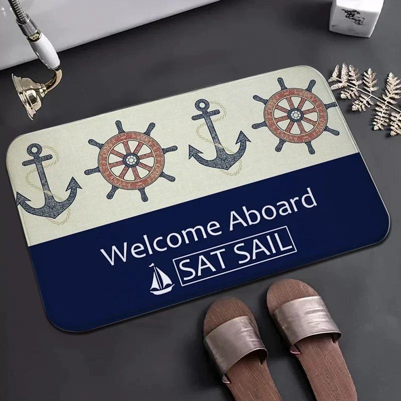 Nautical Anchor Welcome On Board Doormat Anchor Print Non-Slip Entryway Rug Coastal Boat Themed Floor Mat for Front Door