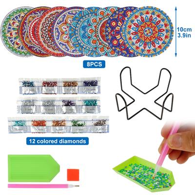 8 Stück DIY Diamant Untersetzer Set 4 Zoll Strass Malerei Untersetzer Diamant Zeichnung Tassenmatte Bunte Kristallkunst Malerei Tassenuntersetzer