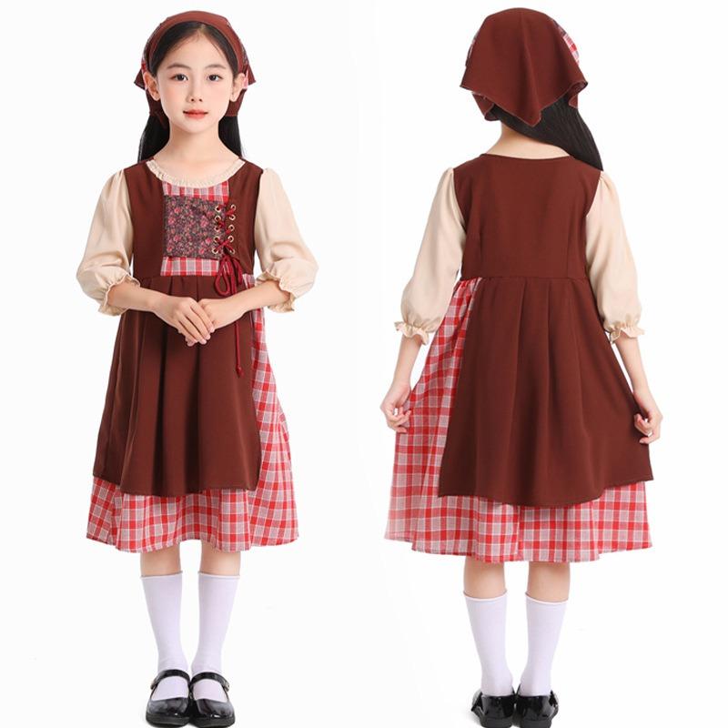 Halloween Children Adult Match Pastoral Checkered Dress Artistic Vintage Linen Fake Two Skirt Performance
