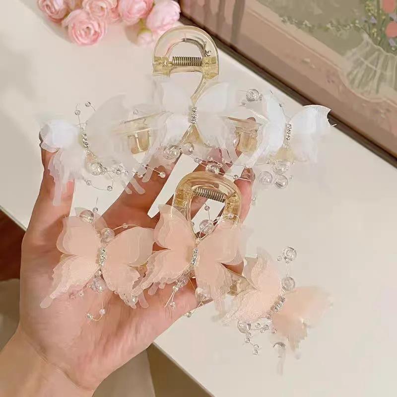 New Butterfly Large Hair Claw for Thick Hair Claws Crab Women Sweet Pink Hairpin Ponytail Hair Clip Claw Accessories
