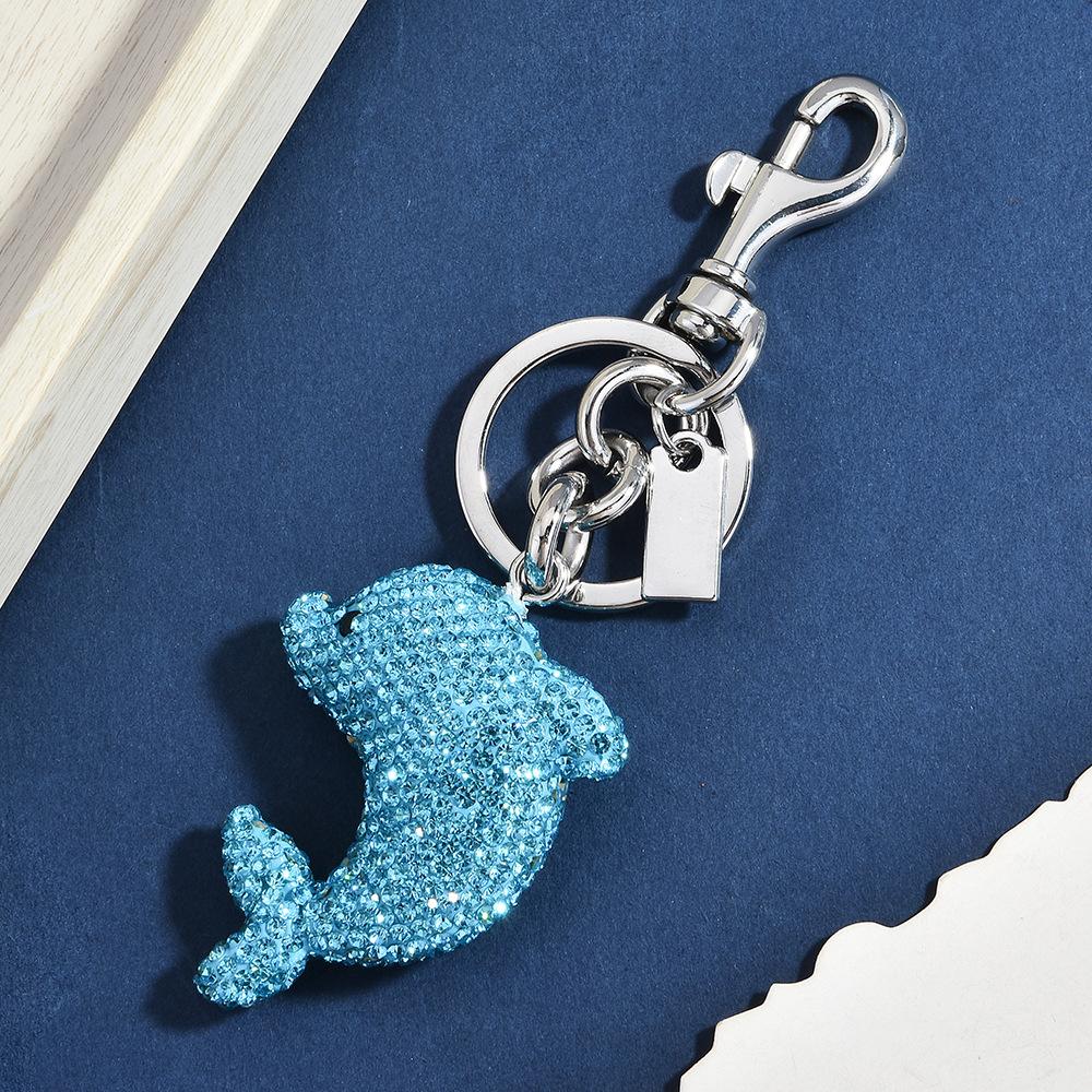 Full Diamond Cartoon Three-Dimensional Dolphin Keychain Cute Bag Pendant Flash Diamond Multi-Color Car Key Ring Chain
