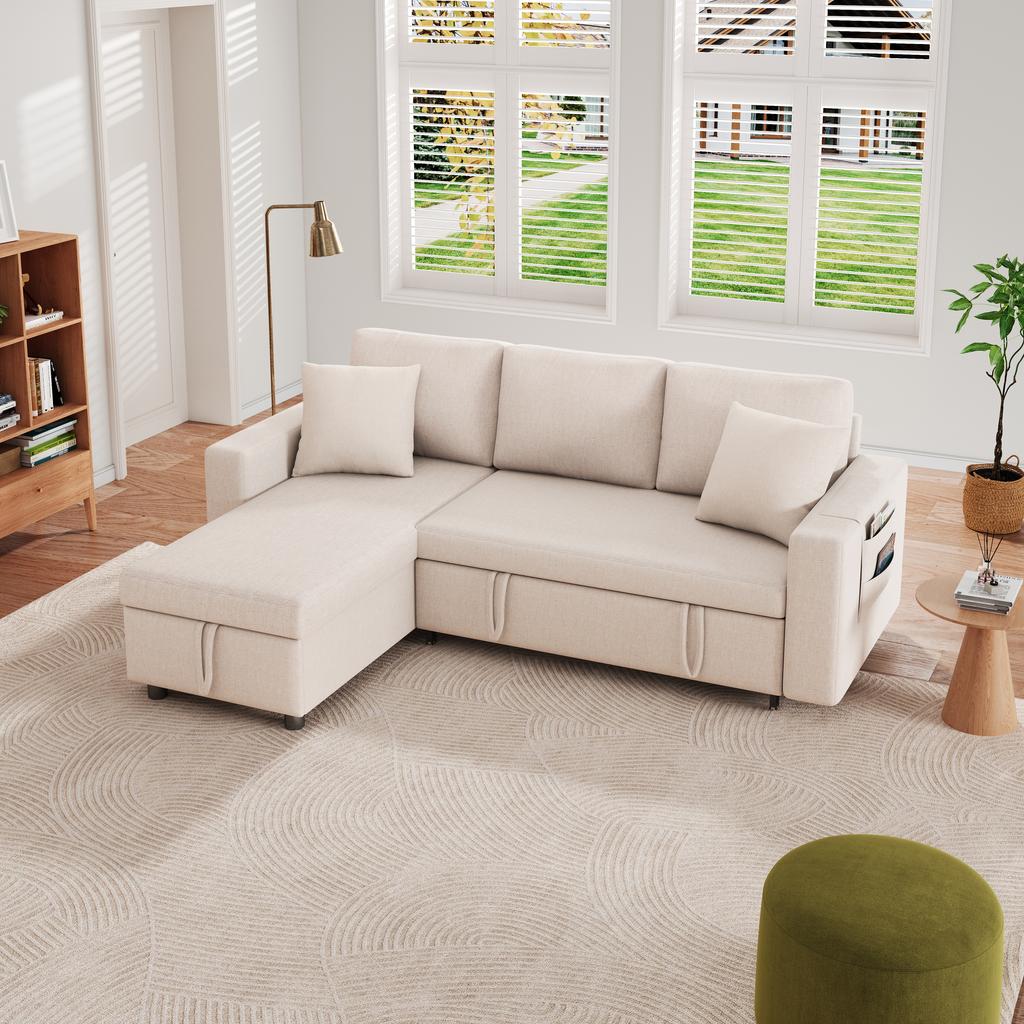 Sofa bed with sleep function, L-shaped sofa, chaise longue with storage space, with pocket storage, left and right interchangeable. Beige.