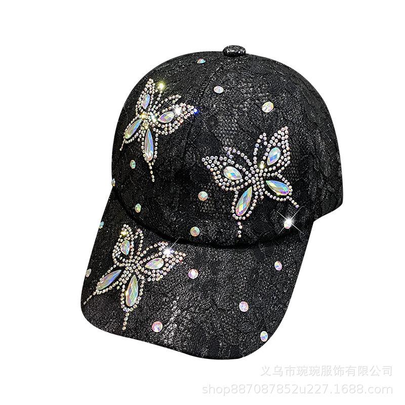 Lace rhinestone butterfly baseball cap children's summer outdoor shading breathable sun protection cap fashion duck tongue sun hat