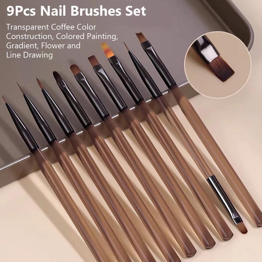 9-Piece Nail Art Brush Set with Fine Detailing Tips - Professional Gel & Acrylic Painting Kit with Ergonomic Brown Handles