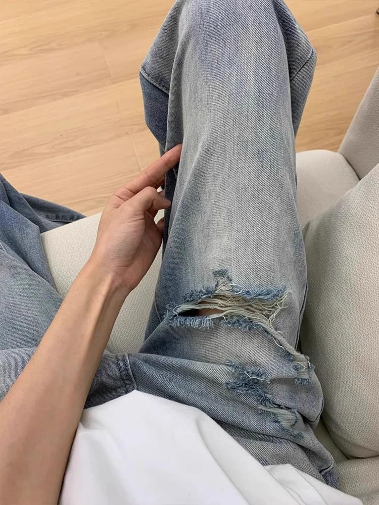 New Women's Summer 2026 High Waist Ripped Jeans with Wide Leg and Straight Narrow Fit for Petite Figures
