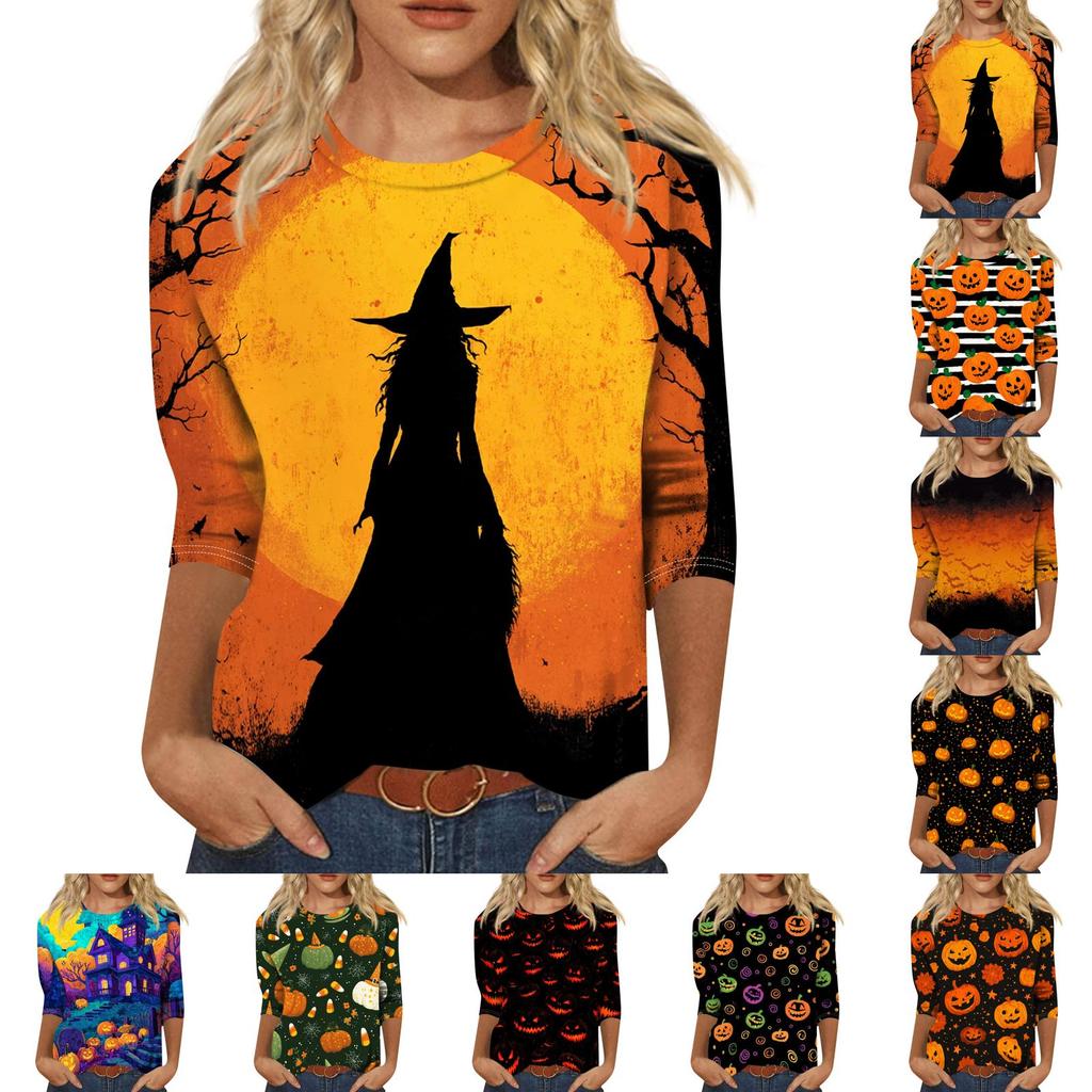 Women's Halloween Print 3/4 Sleeve Shirt Loose Fit Casual Round Neck Pullover Top Lightweight Comfortable Fabric Suitable for Daily Wear