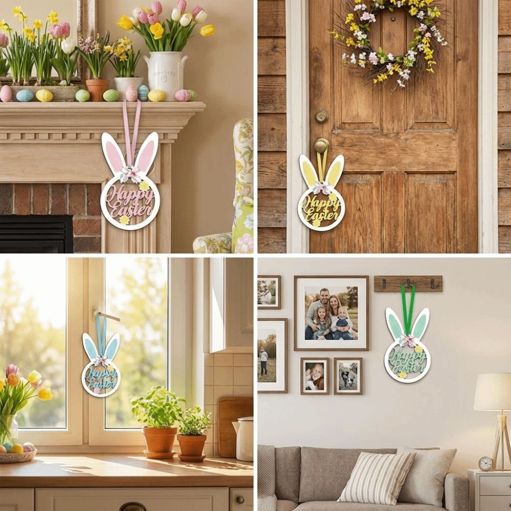 Wooden Easter Tree Decor with Bows String Rabbit Hanging Ornaments  Home Party Decor