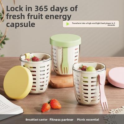 Multi Functional Fruit Cup with Drainage and Fork All Season Portable for Picnic Travel Gym Leak Proof Reusable Salad Container