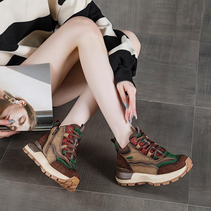 The First Layer of Cowhide Retro High-top Shoes for Women's Winter New Thick-soled Heightening Casual Cotton