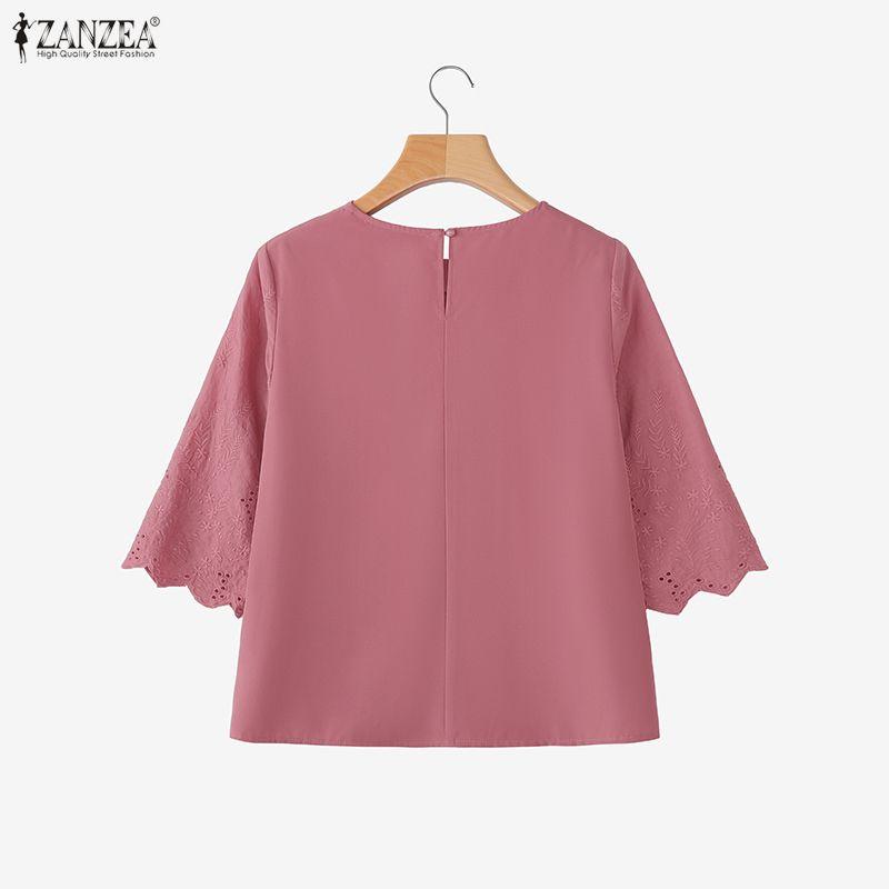 ZANZEA Women Casual Round Neck 3/4 Sleeve Embroidery Loose Blouse