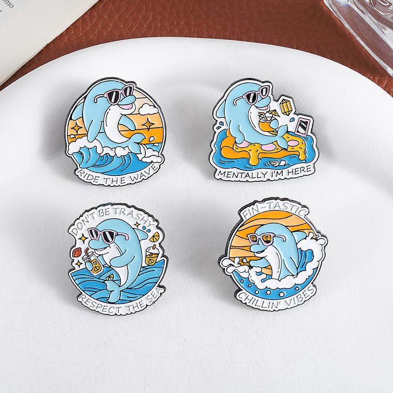 Mentally I'm Here Enamel Pins Funny Quote Ride The Wave Tropical Dolphin Beach Brooches Lapel Badge Jewelry Gifts for Friends