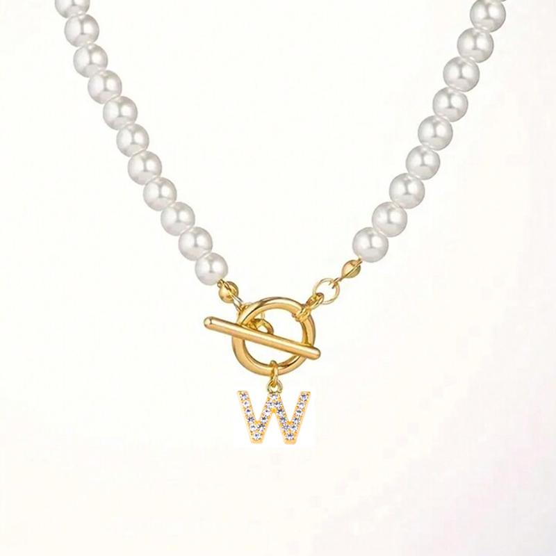 Rhinestone Letter Imitation Pearl Choker Necklace For Women Gold Plated Crystal Initial Pendant Necklace