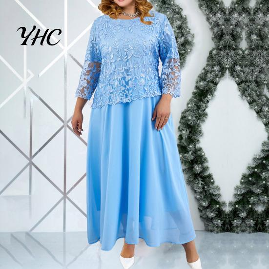 Women Maxi Dress Flower Embroidery See-through Lace Three Quarter Sleeve O Neck Fake Two-piece Loose Solid Color Plus Size Elegant Comfortable