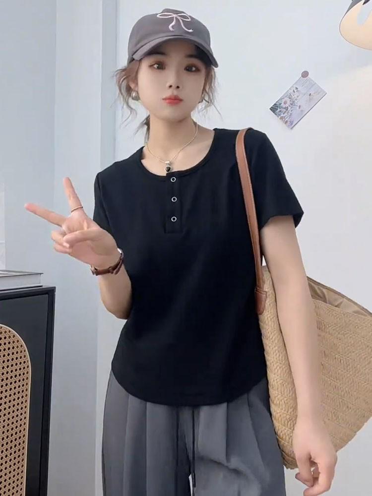 

Women s High-End Slim Fit Round Neck Short Sleeve T-Shirt for Summer 2025 with Elastic Curved Hem Large чорний